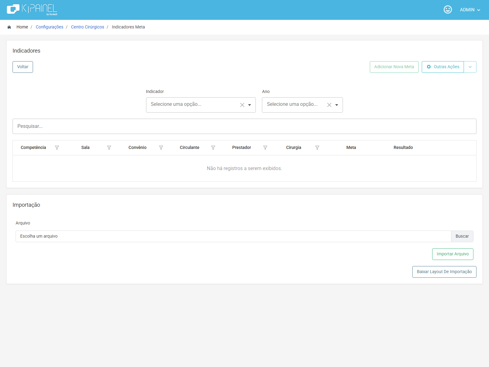 Tela Indicadores Meta com filtros, grade e seção de importação