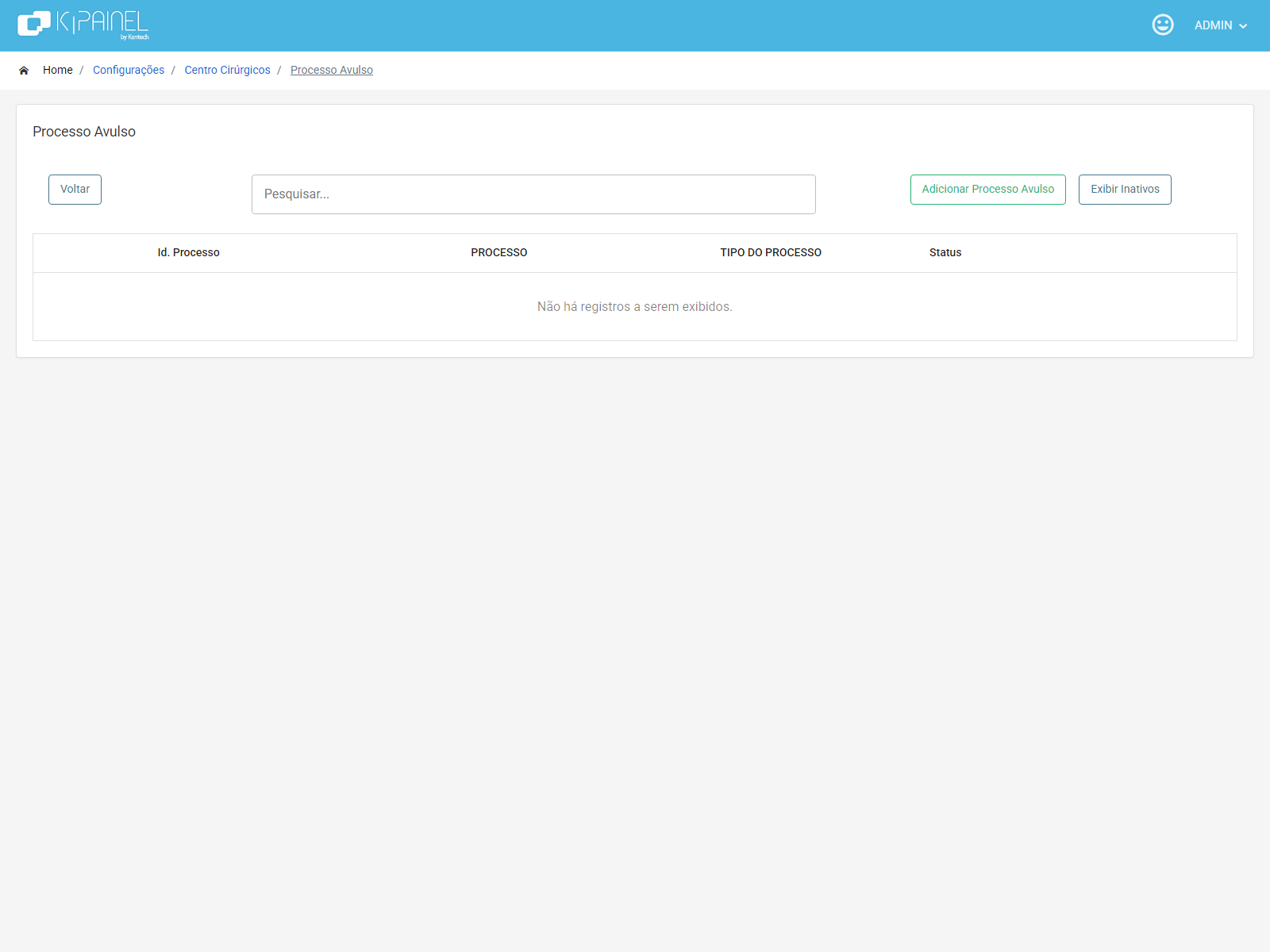 Listagem Processo Avulso com pesquisa, Adicionar Processo Avulso, Exibir Inativos e colunas Id, Processo, Tipo e Status