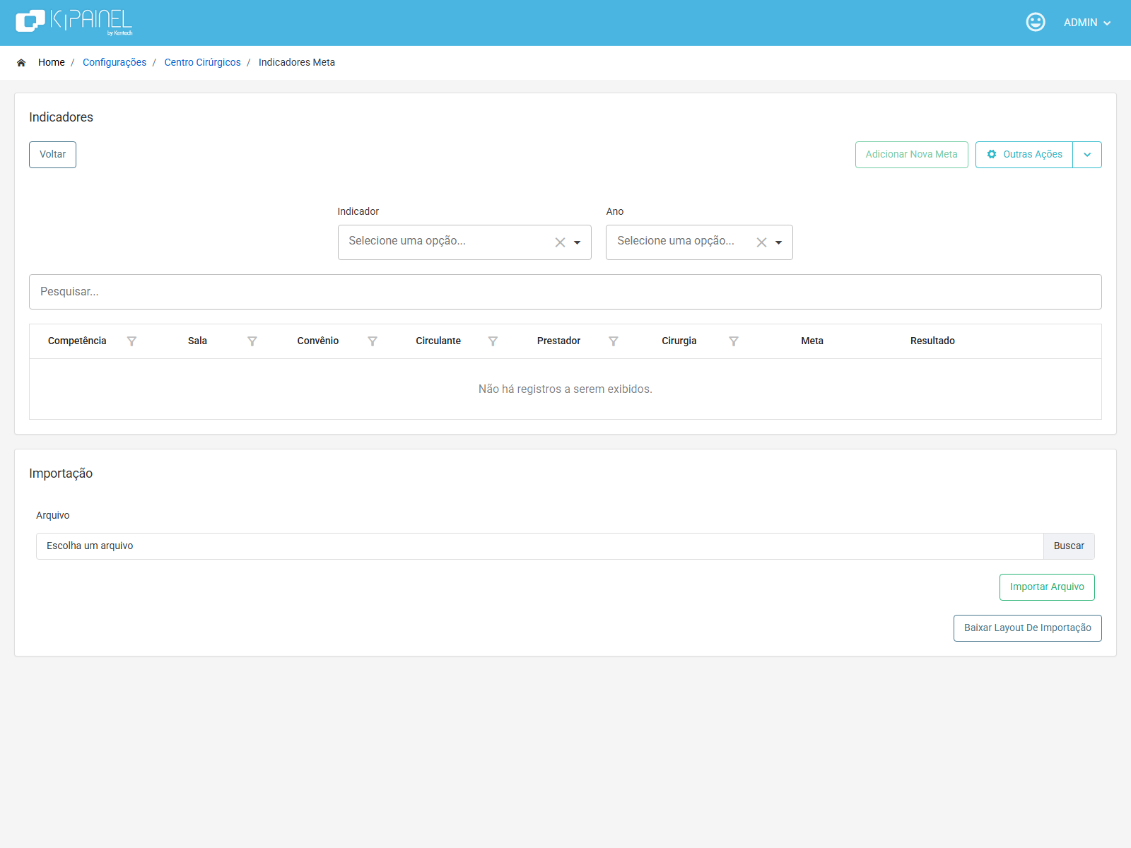 Filtros e relação de metas de indicadores