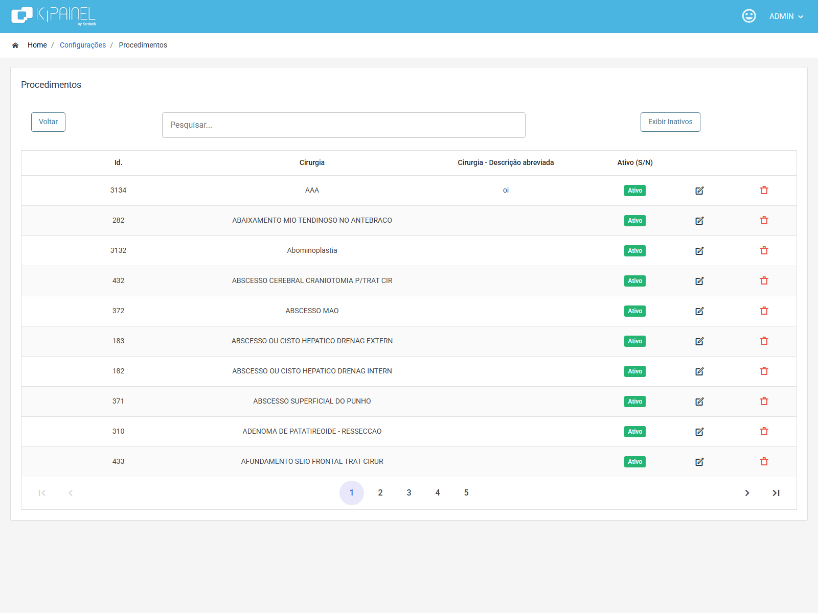 Listagem de procedimentos cadastrados